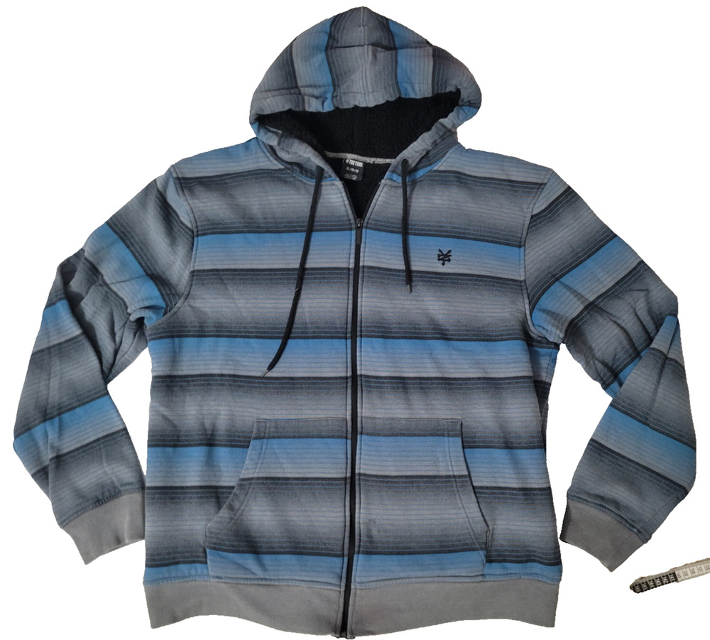 Zoo York Boys XL Blue Gray Striped Sherpa Lined Full Zip Hoodie Y2K